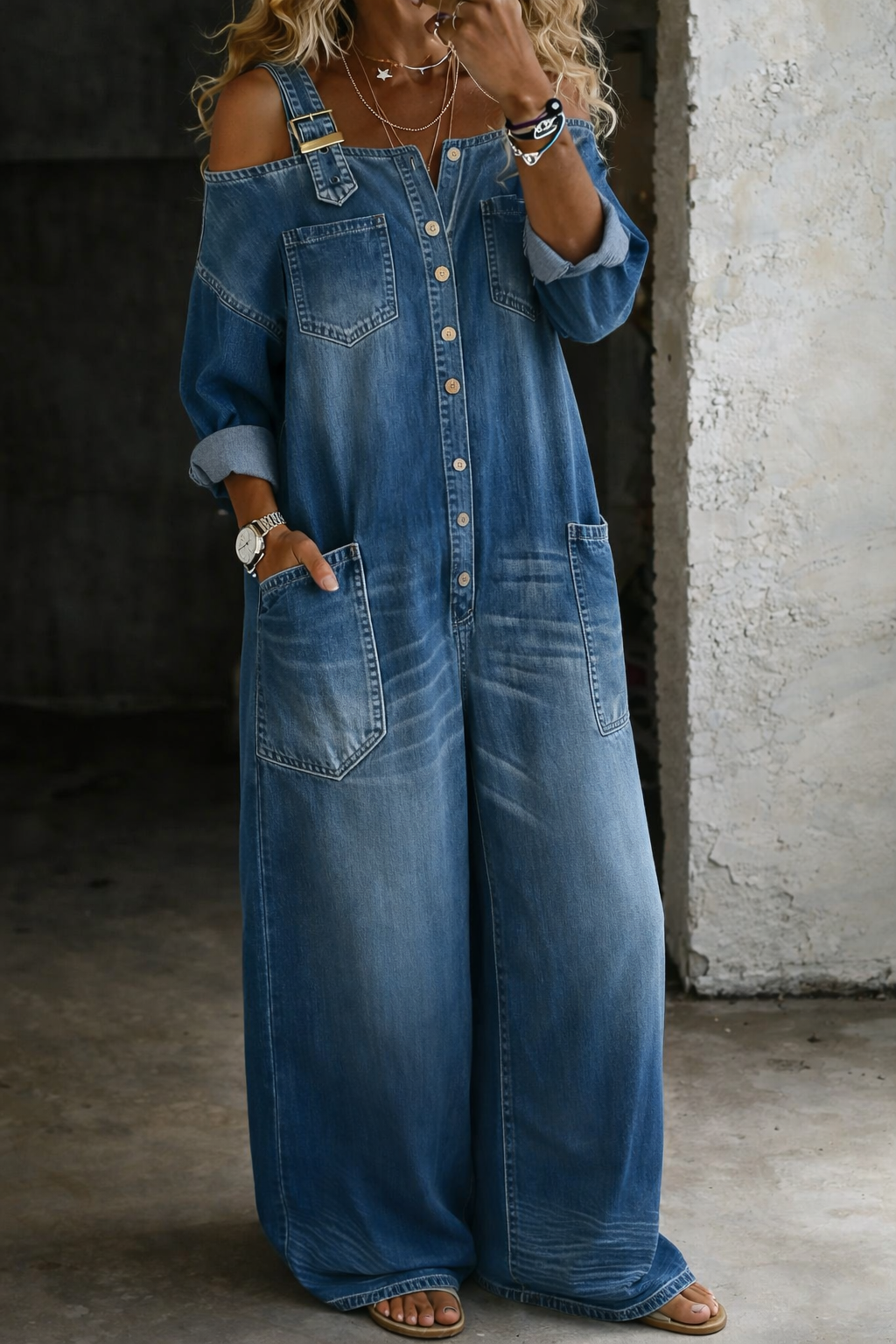 Abigail - Combinaison en denim épaules dénudées