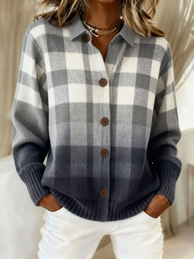 Agnes | Cardigan boutonné à carreaux dégradé gris