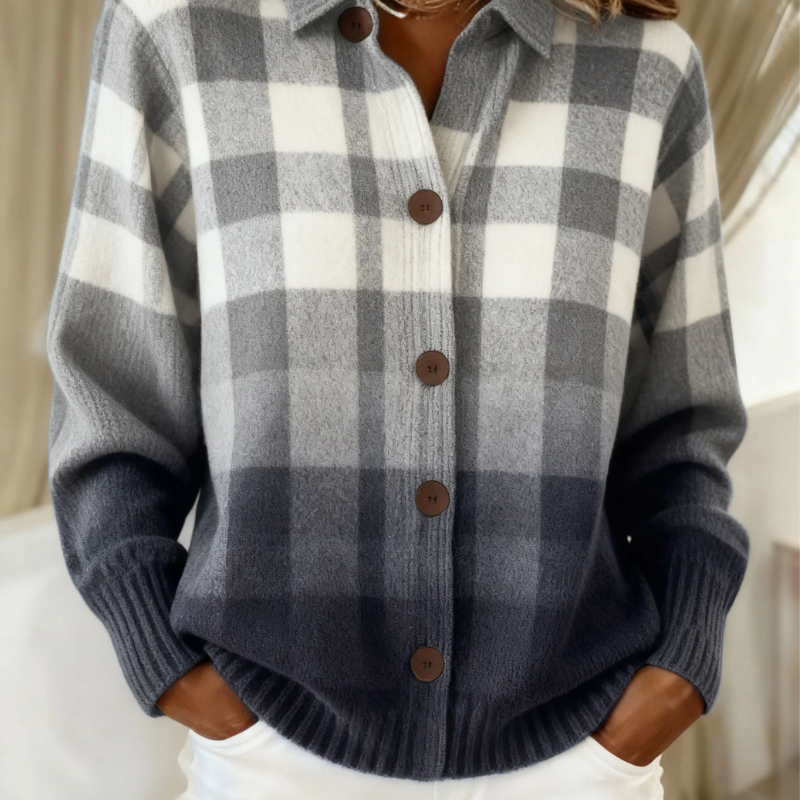 Agnes | Cardigan boutonné à carreaux dégradé gris