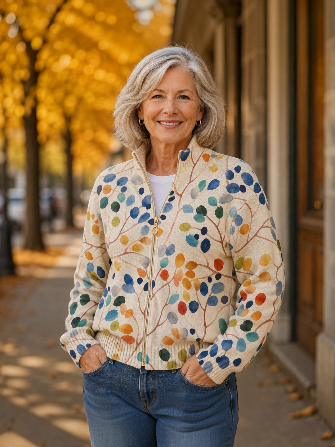 Angèle | Cardigan à motif de feuilles multicolores