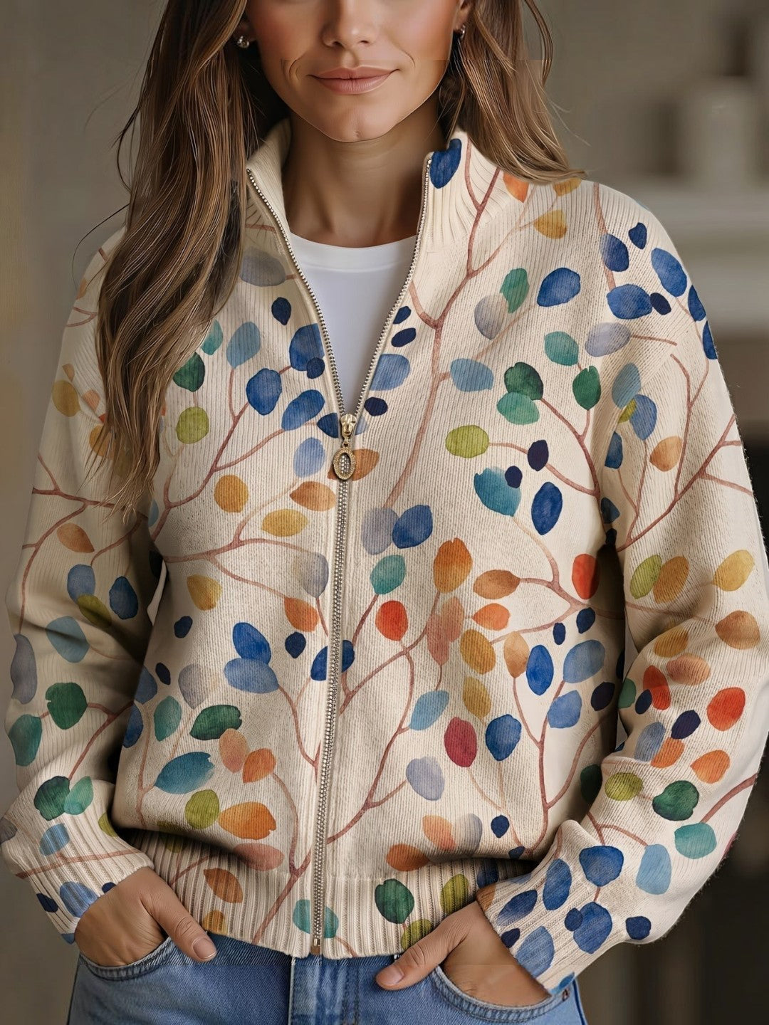 Angèle | Cardigan à motif de feuilles multicolores