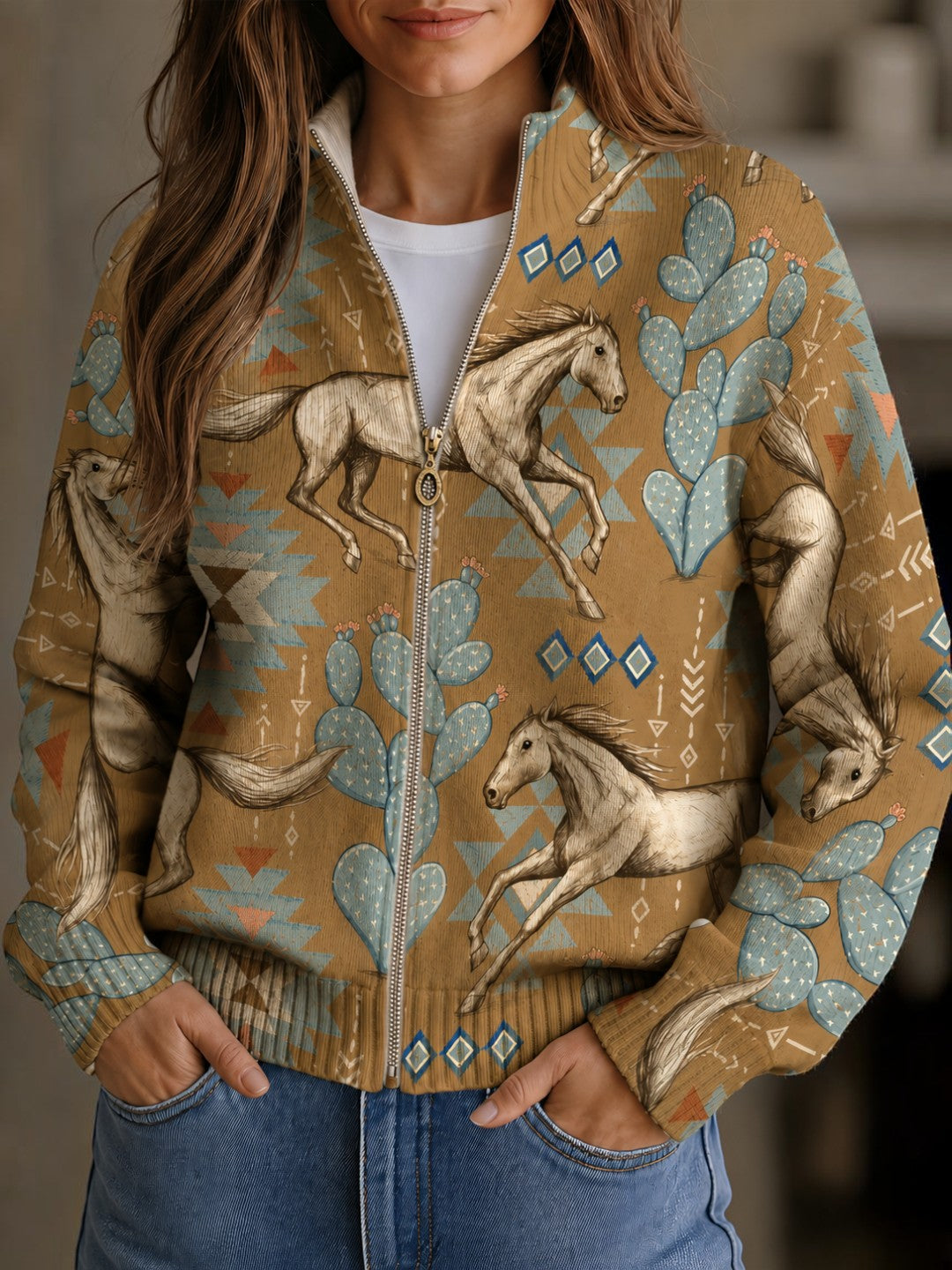 Brigitte | Cardigan à motif de chevaux et de cactus