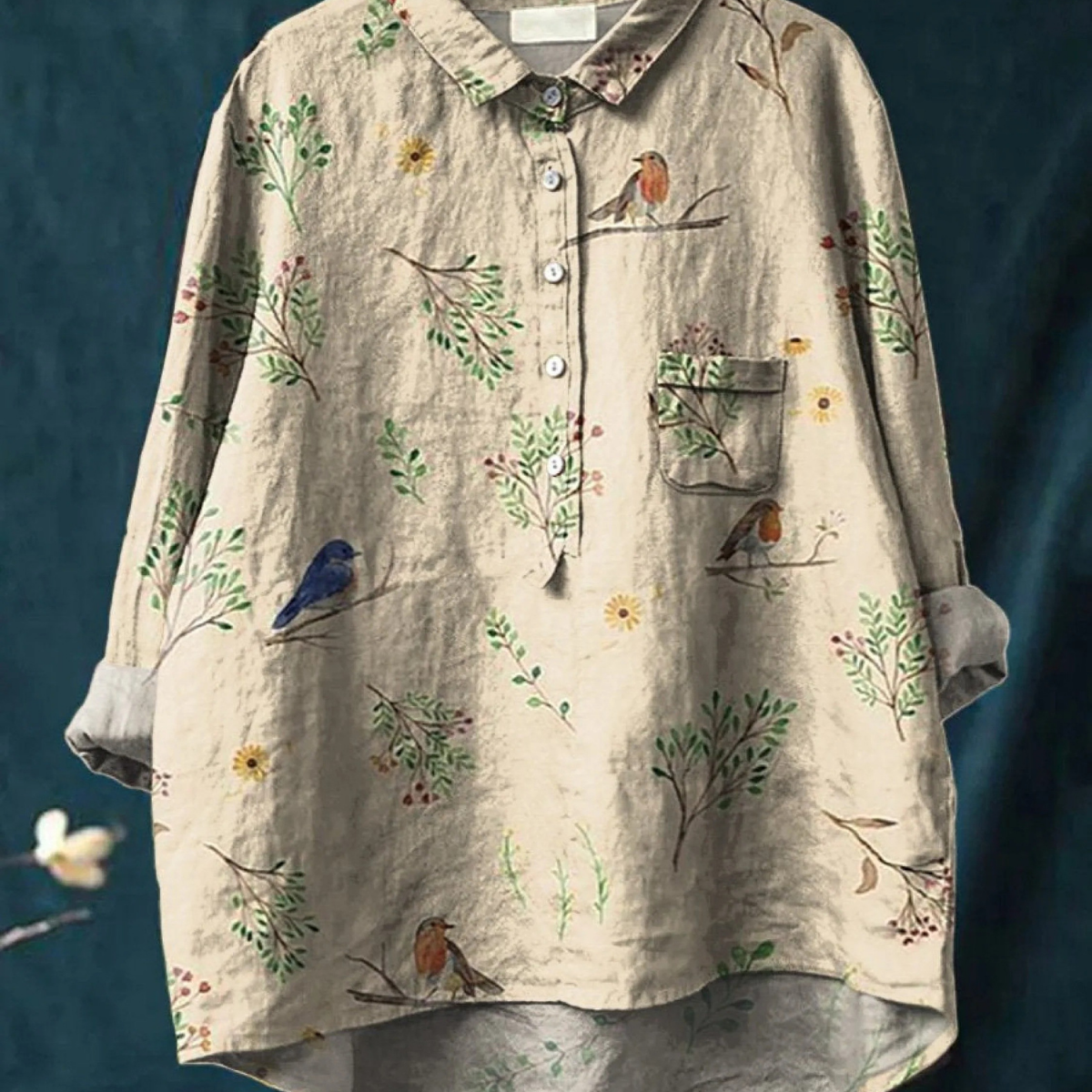Capucine | Blouse décontractée femme à imprimé branche et rouge-gorge