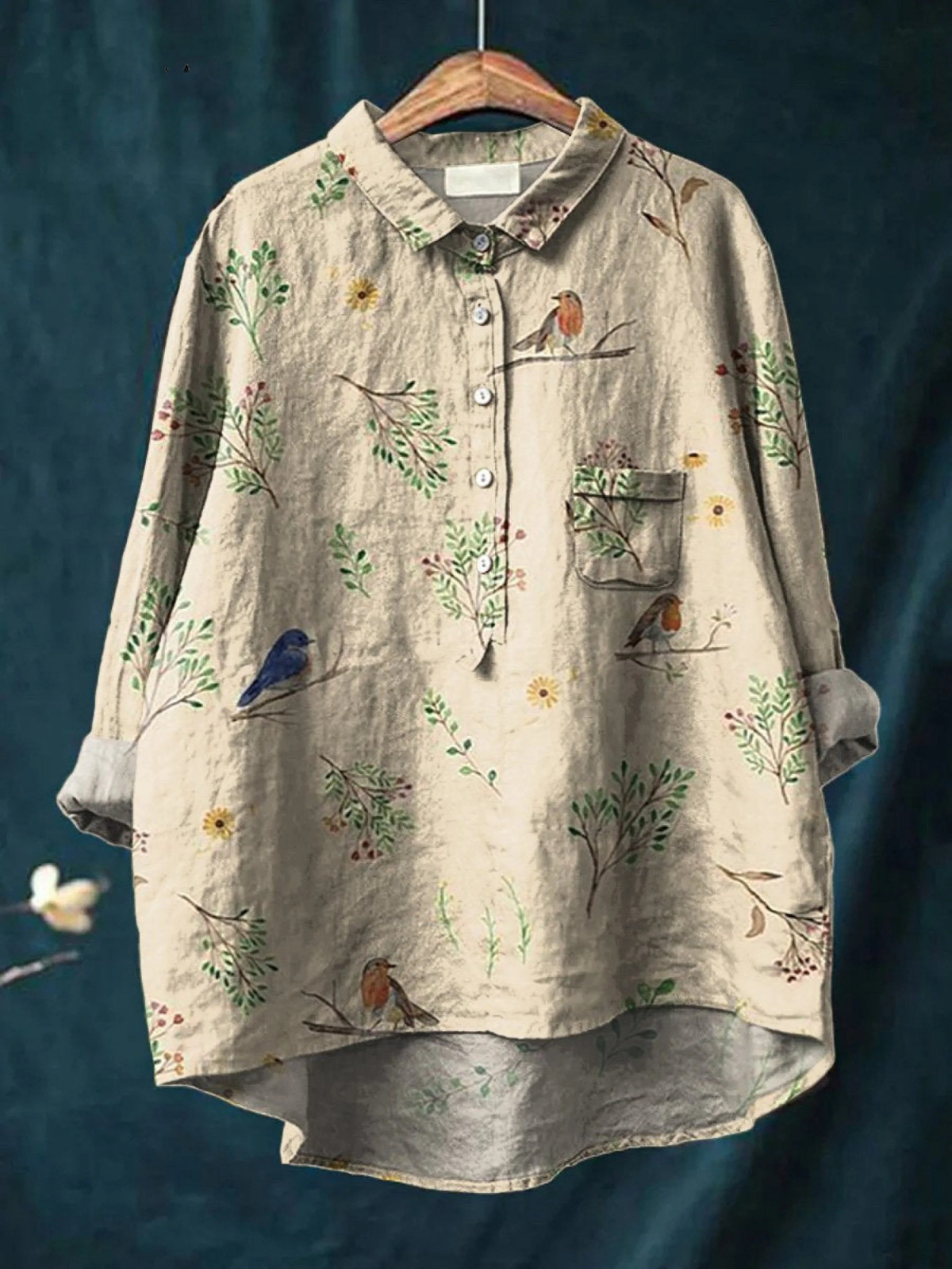 Capucine | Blouse décontractée femme à imprimé branche et rouge-gorge