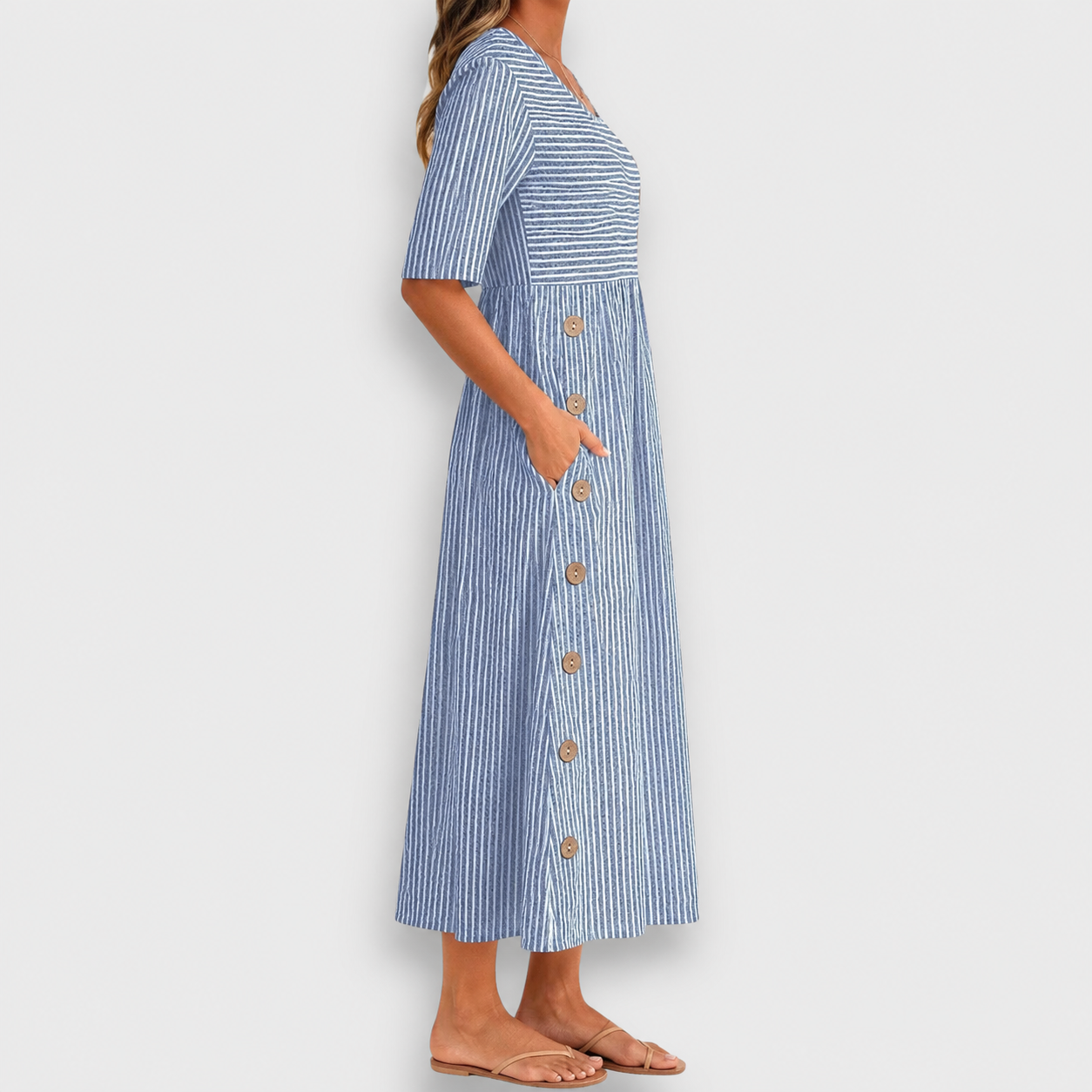 Cecily | Robe midi rayée à boutons et poches