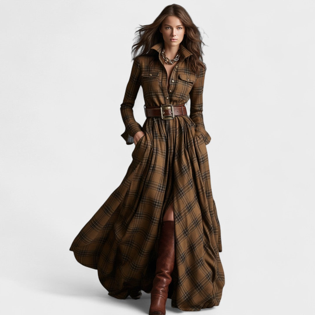 Clara | Robe longue ceinturée à motif tartan