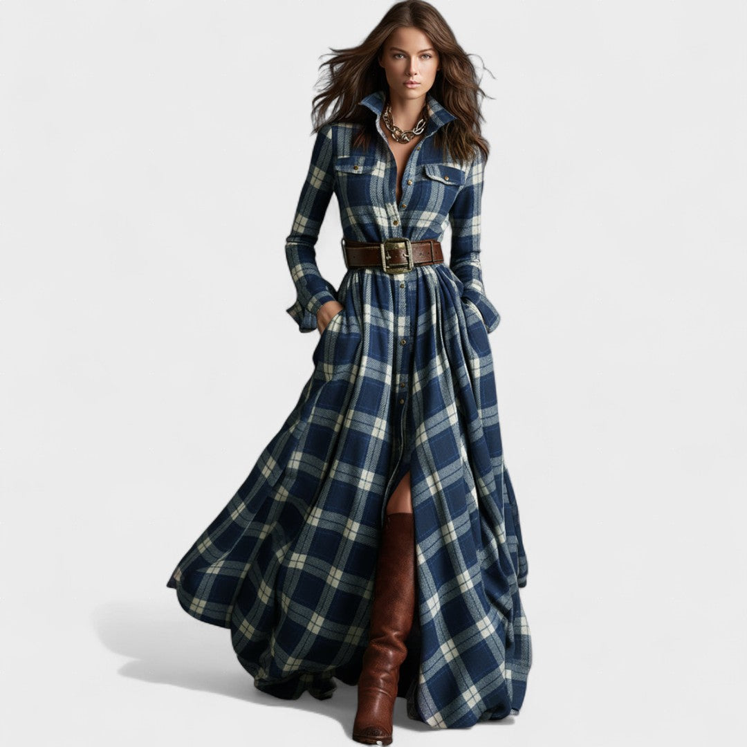 Clara | Robe longue ceinturée à motif tartan