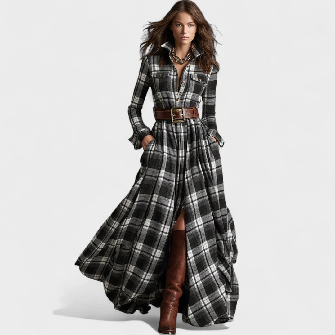 Clara | Robe longue ceinturée à motif tartan