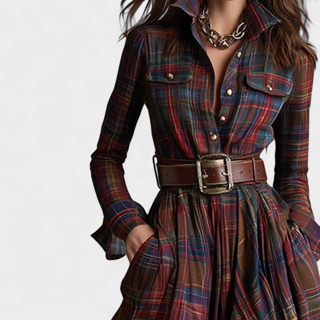 Clara | Robe longue ceinturée à motif tartan