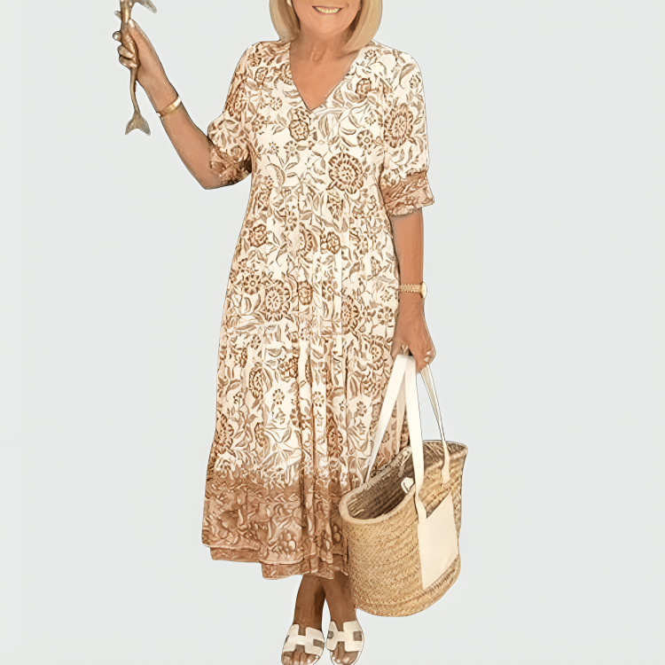 Constance | Robe midi fleurie à bordure imprimée et ourlet à volants