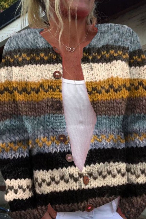 Isadora | Cardigan rayé bleu et moutarde