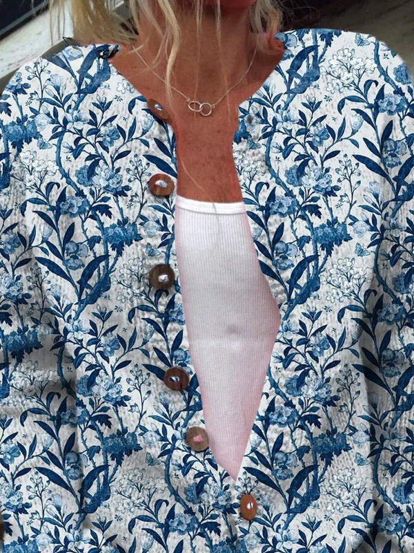 Nyssa | Cardigan bleu et blanc à oiseaux et fleurs
