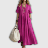 Elowen | Robe longue en lin à nervures et col en V