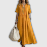 Elowen | Robe longue en lin à nervures et col en V