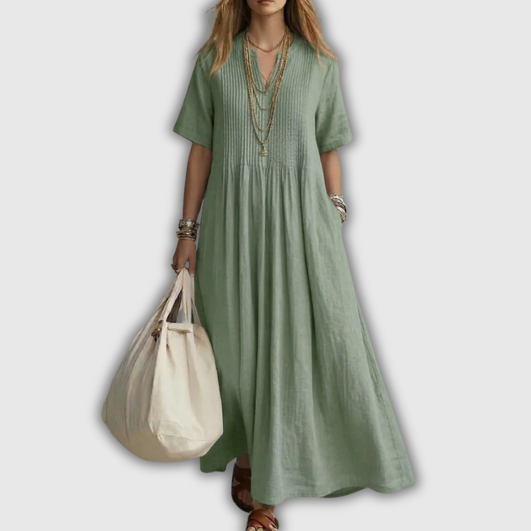 Elowen | Robe longue en lin à nervures et col en V