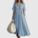 Elowen | Robe longue en lin à nervures et col en V