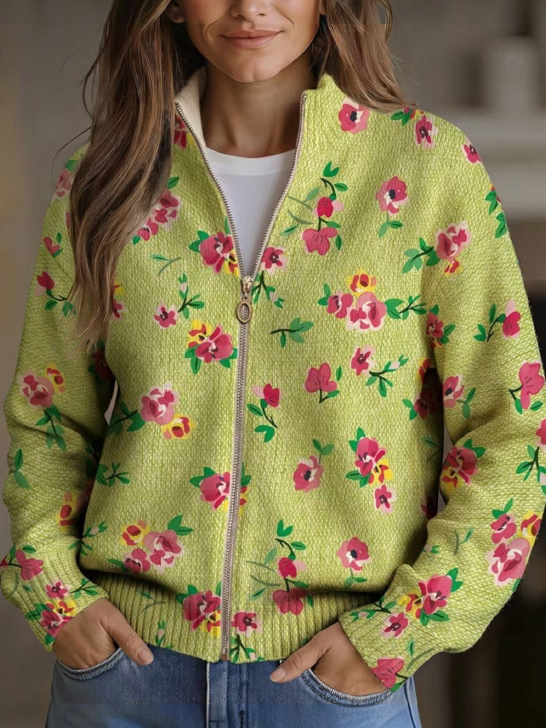 Émeline | Cardigan vert à motif floral