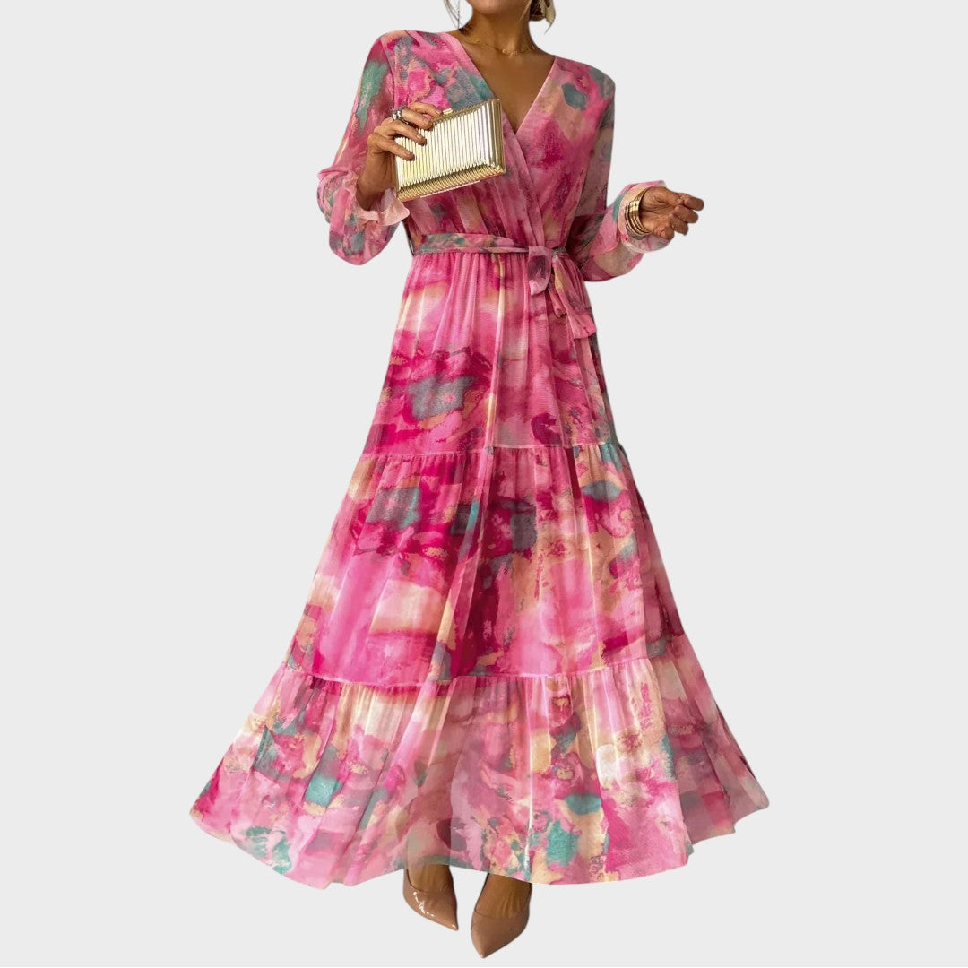 Fiona | Robe longue portefeuille à motif floral et manches longues