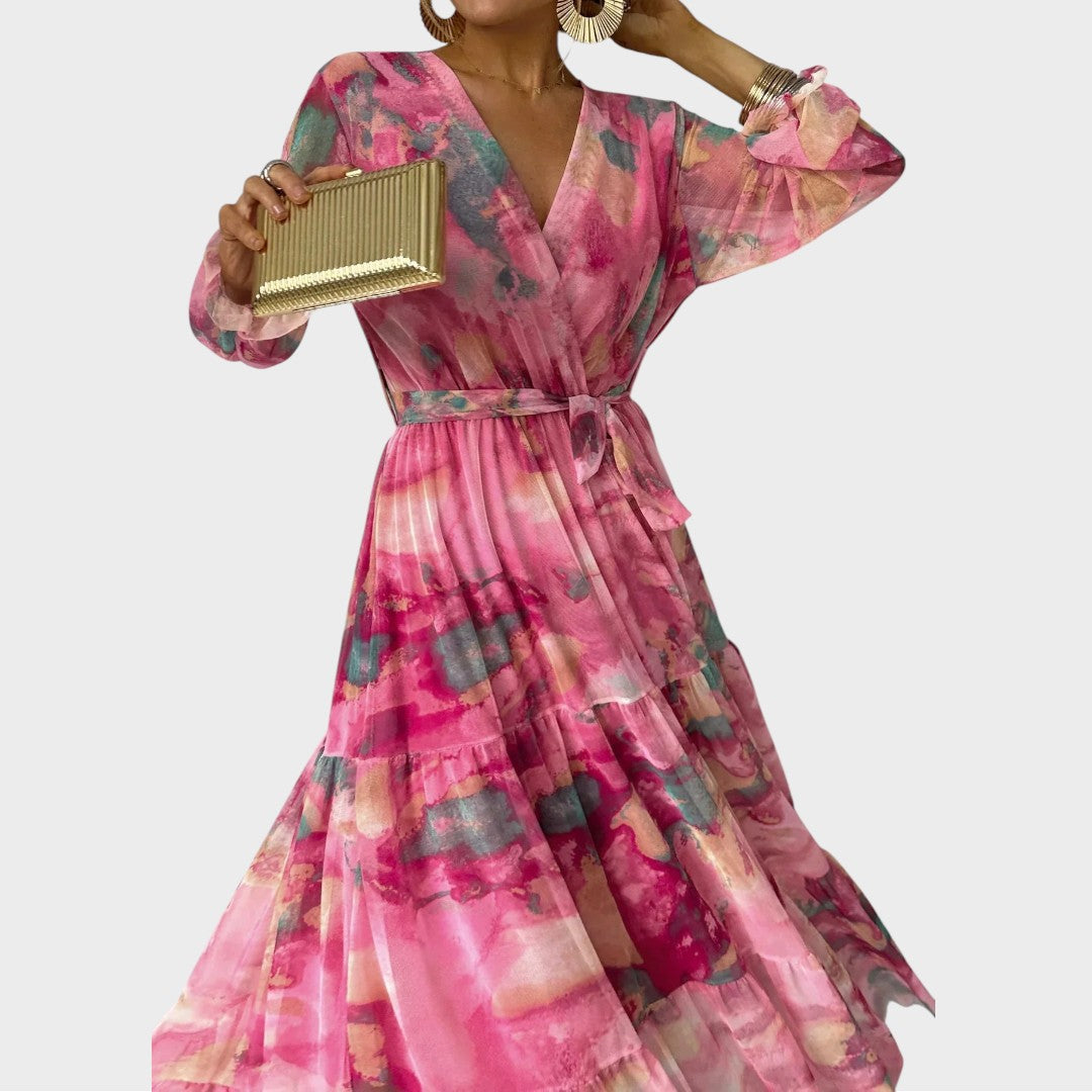 Fiona | Robe longue portefeuille à motif floral et manches longues