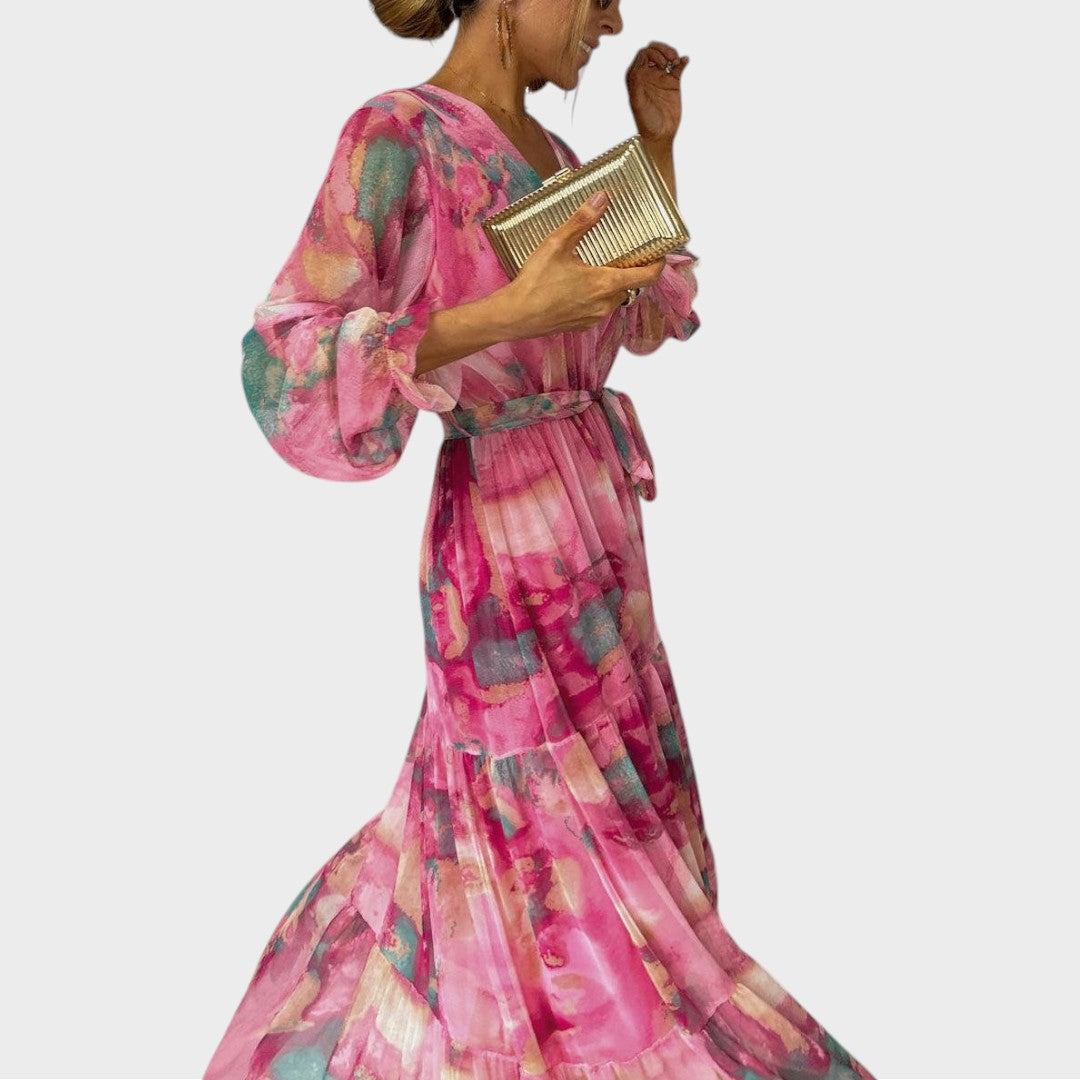 Fiona | Robe longue portefeuille à motif floral et manches longues