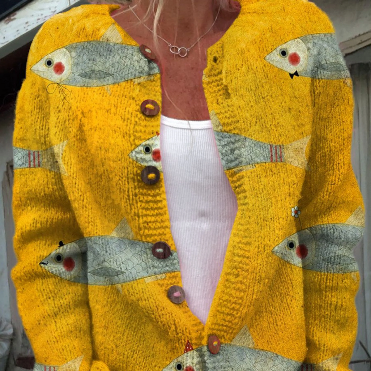 Undine | Cardigan jaune à imprimé poissons