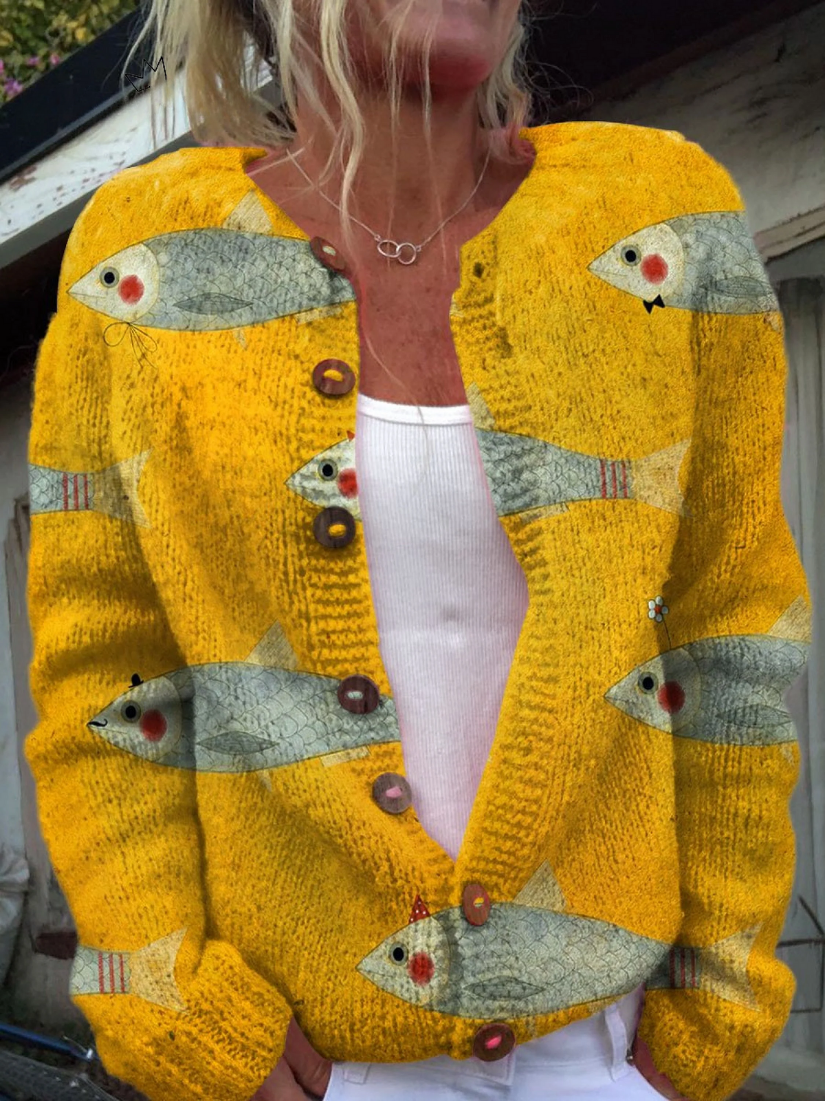 Undine | Cardigan jaune à imprimé poissons