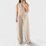 Hazel - Ensemble deux pièces gilet uni col en V et pantalon