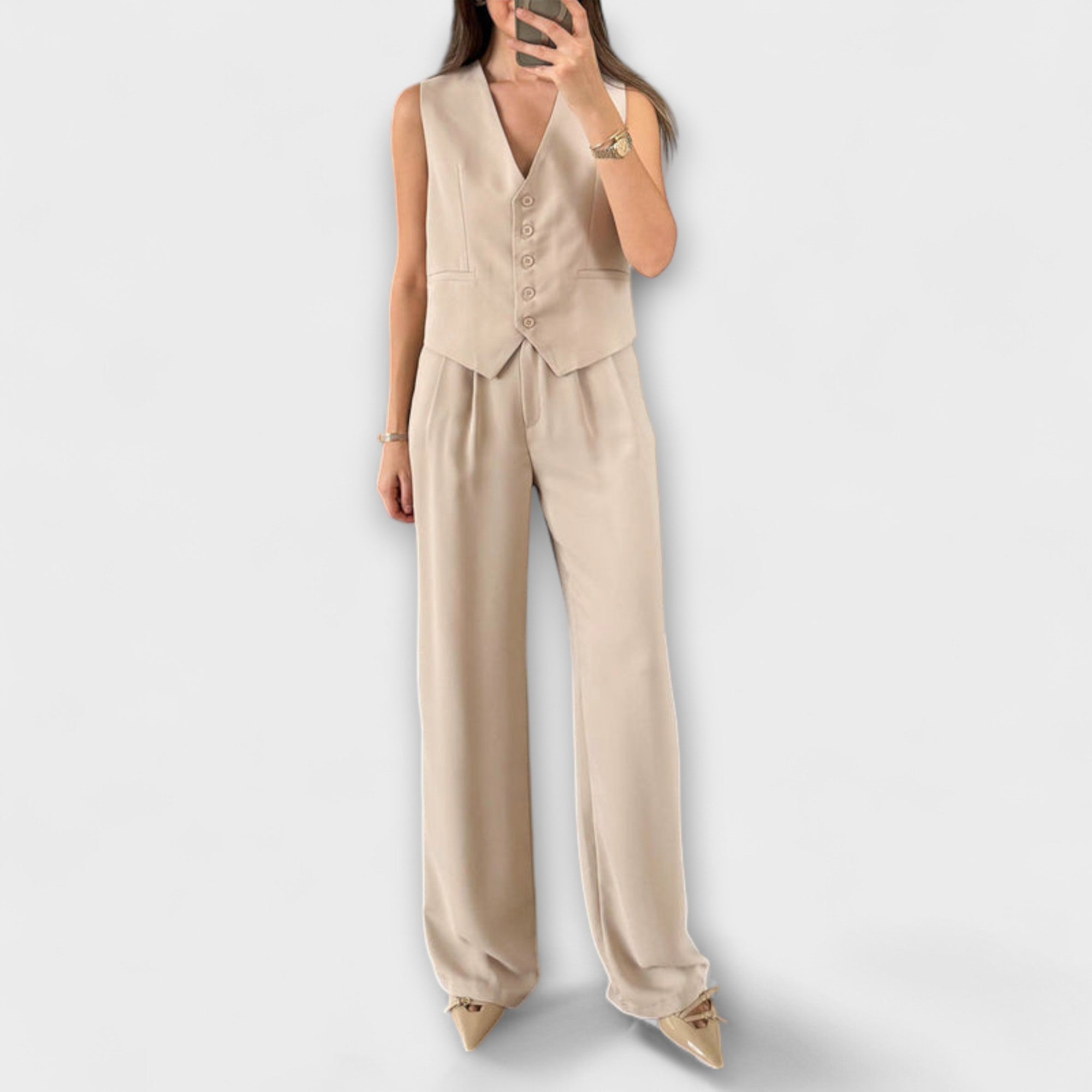 Hazel - Ensemble deux pièces gilet uni col en V et pantalon