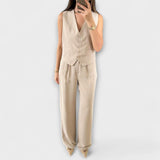 Hazel - Ensemble deux pièces gilet uni col en V et pantalon