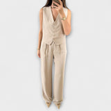 Hazel - Ensemble deux pièces gilet uni col en V et pantalon