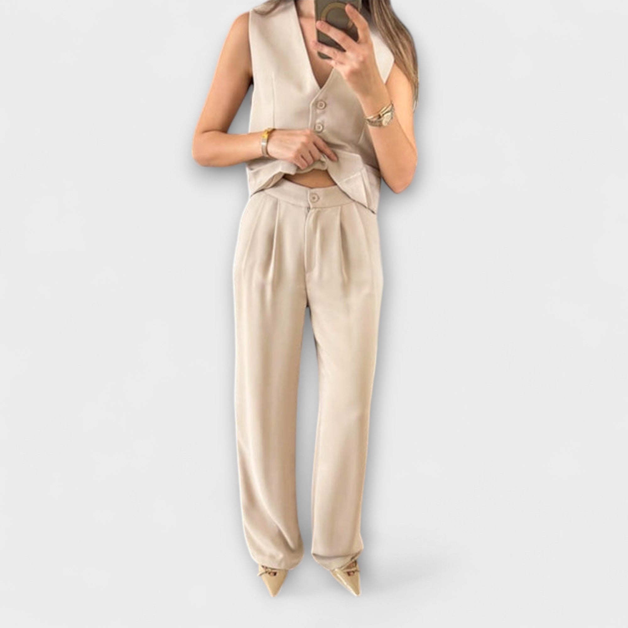 Hazel - Ensemble deux pièces gilet uni col en V et pantalon