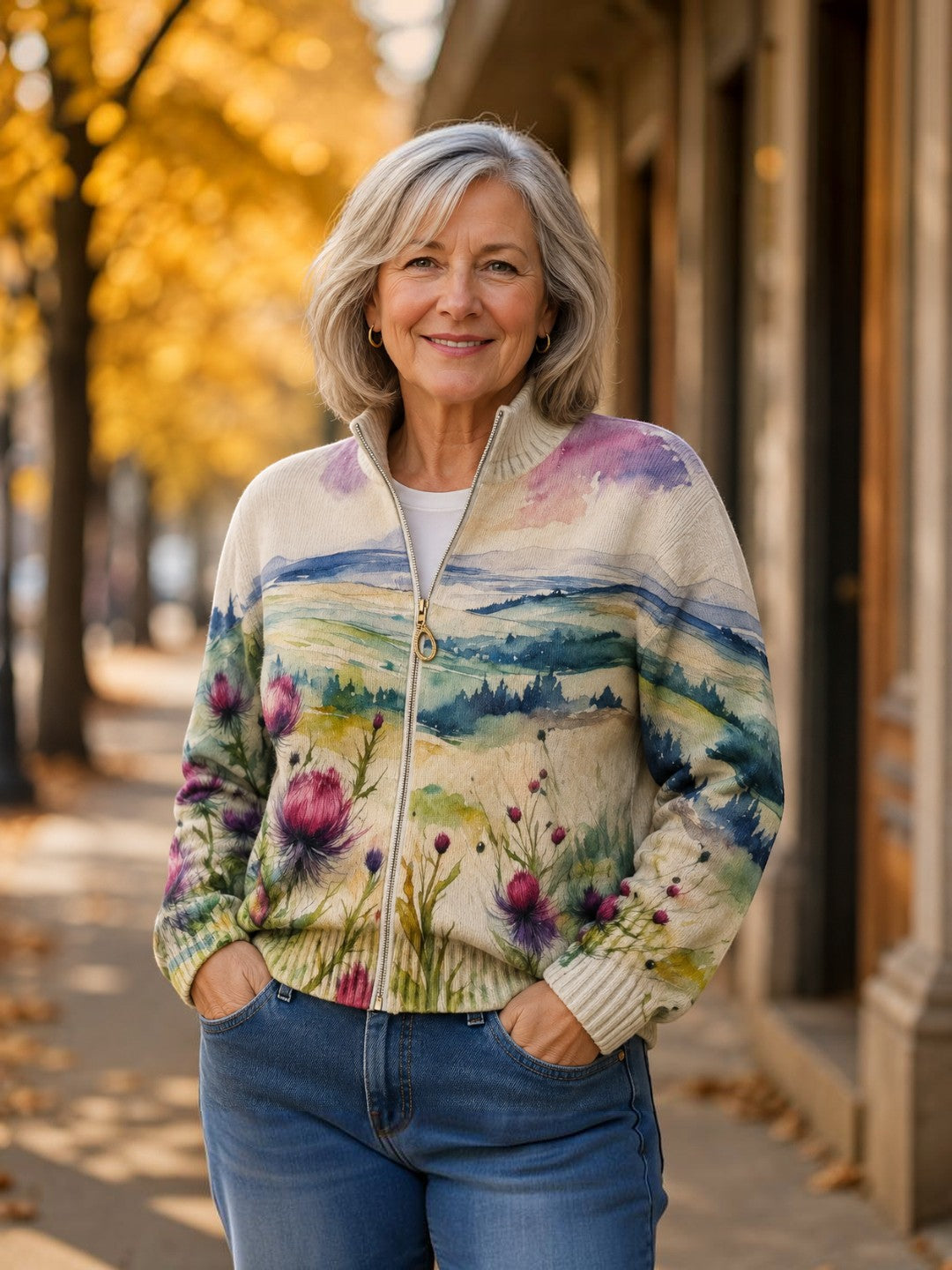 Henriette | Cardigan à motif de chardons et de paysage