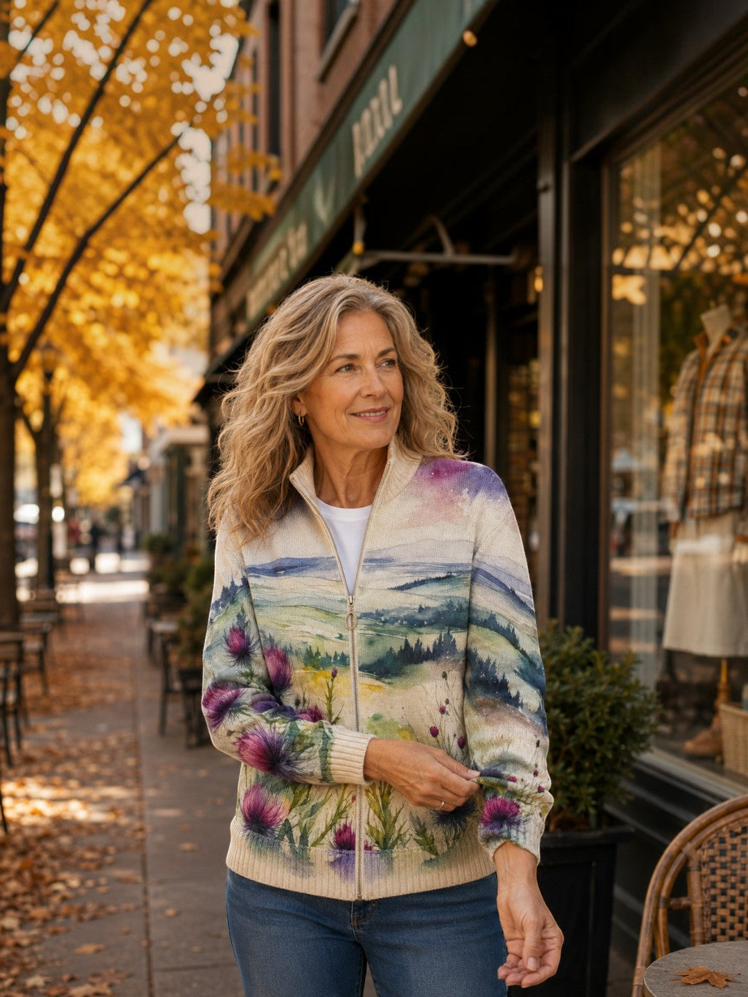 Henriette | Cardigan à motif de chardons et de paysage