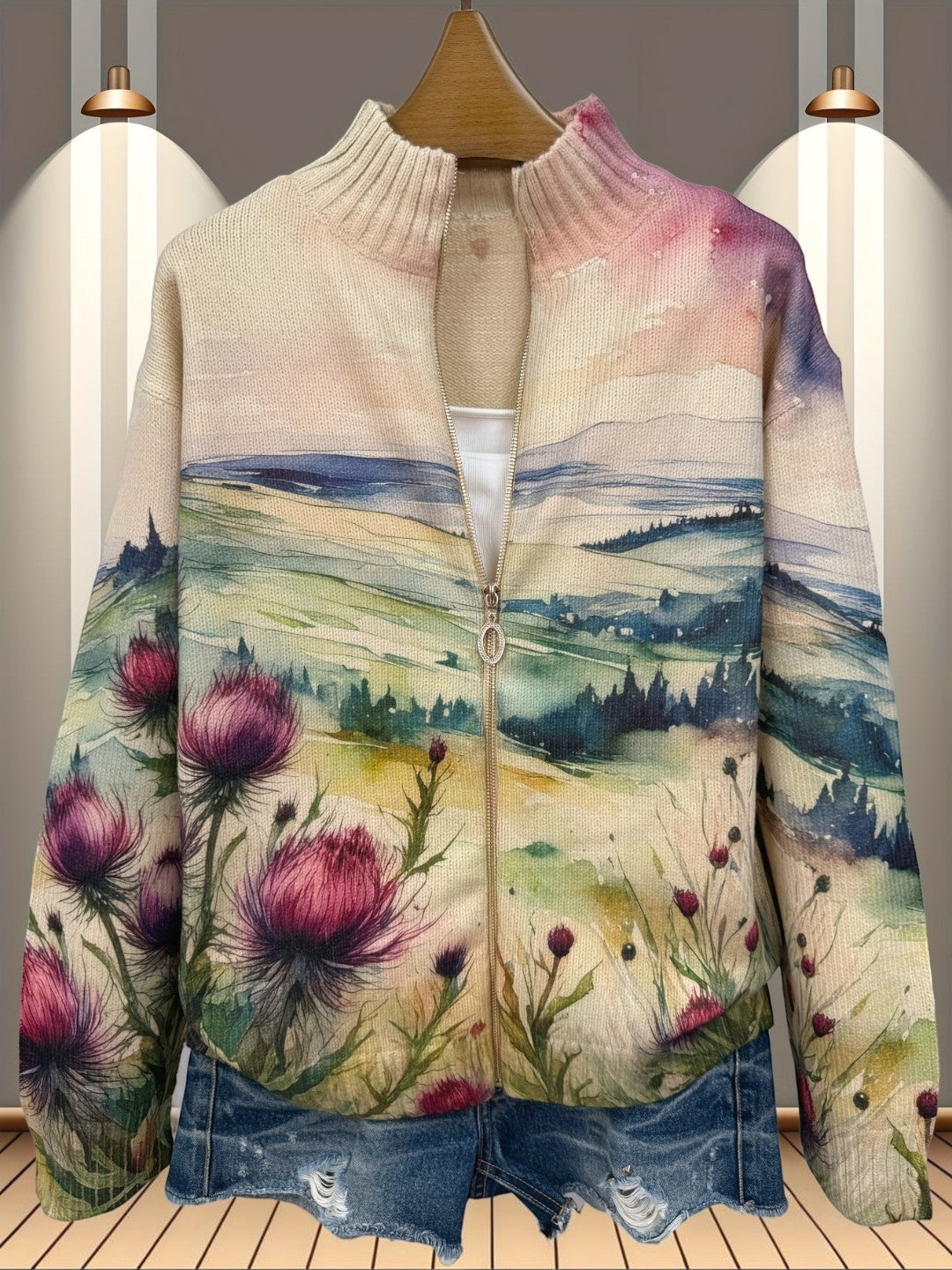 Henriette | Cardigan à motif de chardons et de paysage