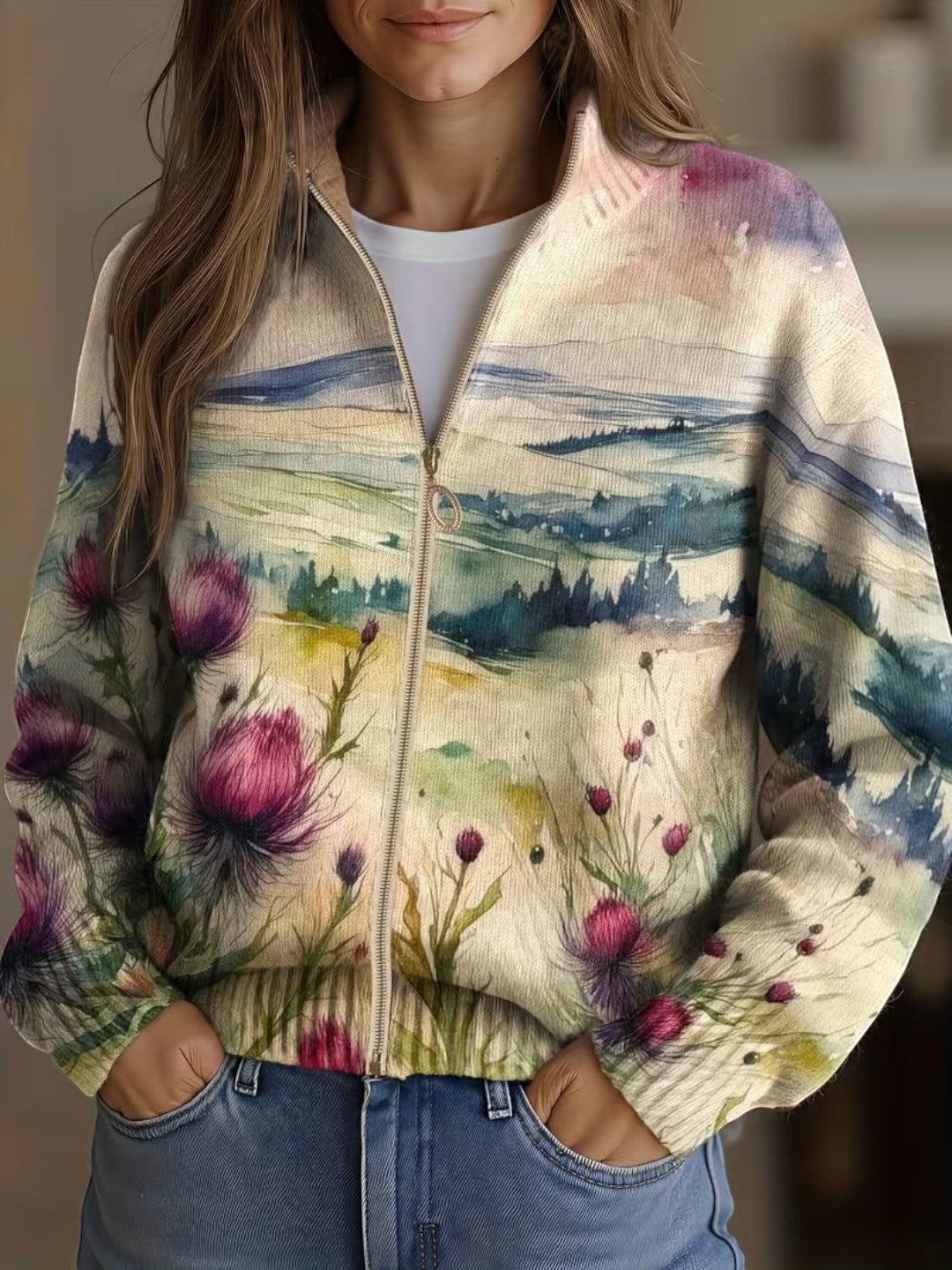 Henriette | Cardigan à motif de chardons et de paysage