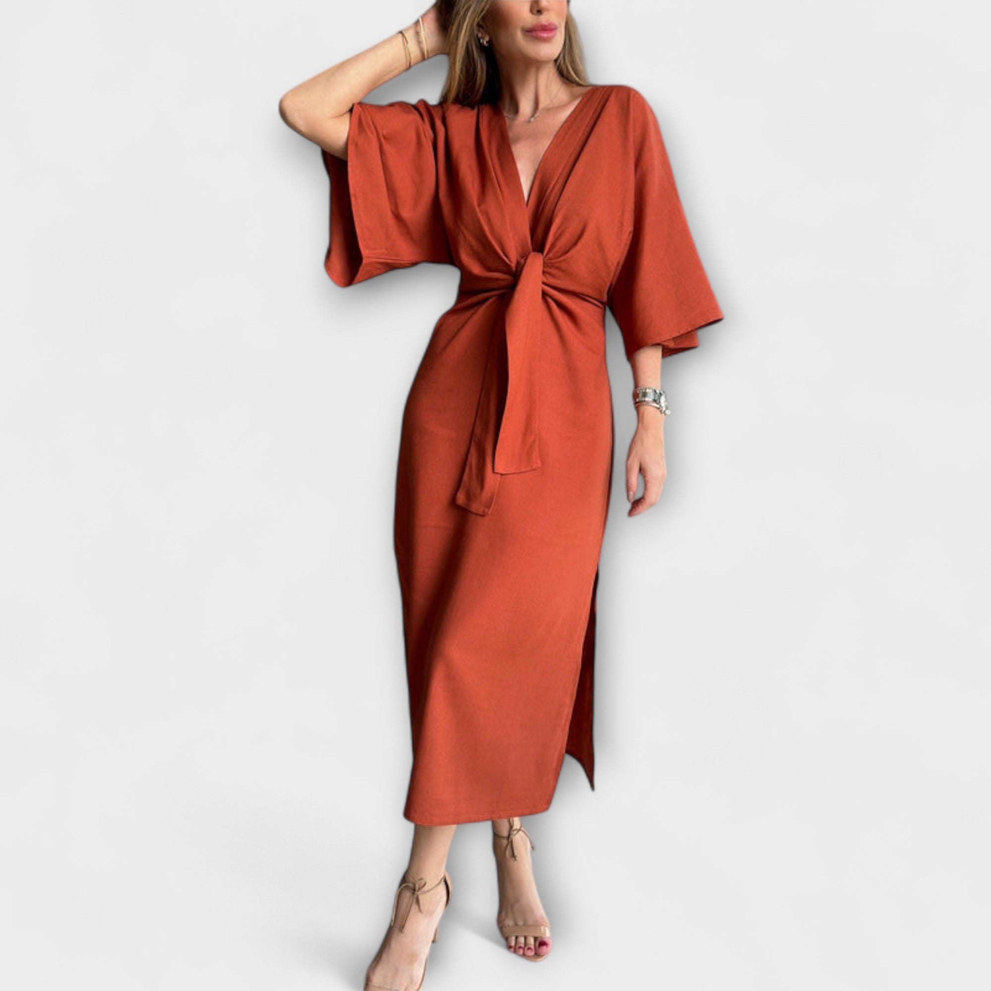 Holly - Robe décontractée col en V en coton-lin avec lien à nouer