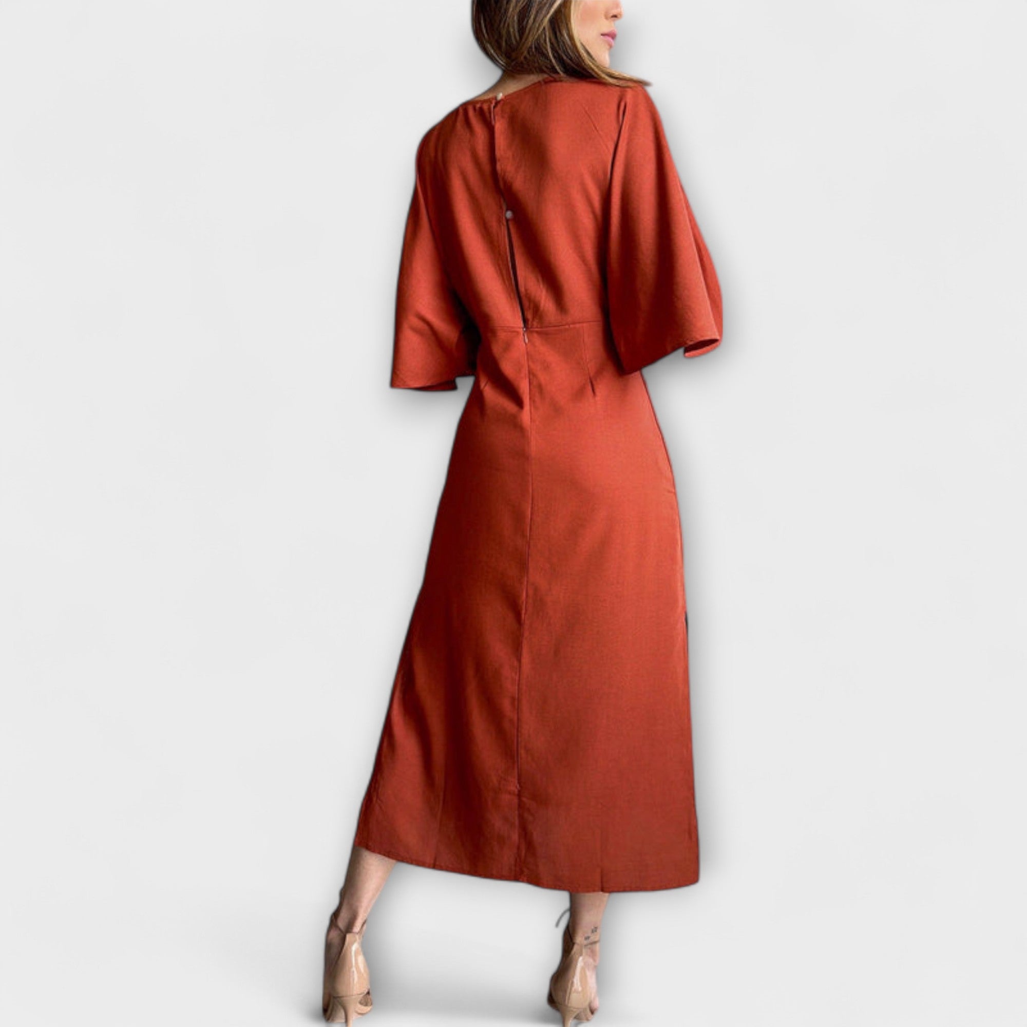 Holly - Robe décontractée col en V en coton-lin avec lien à nouer