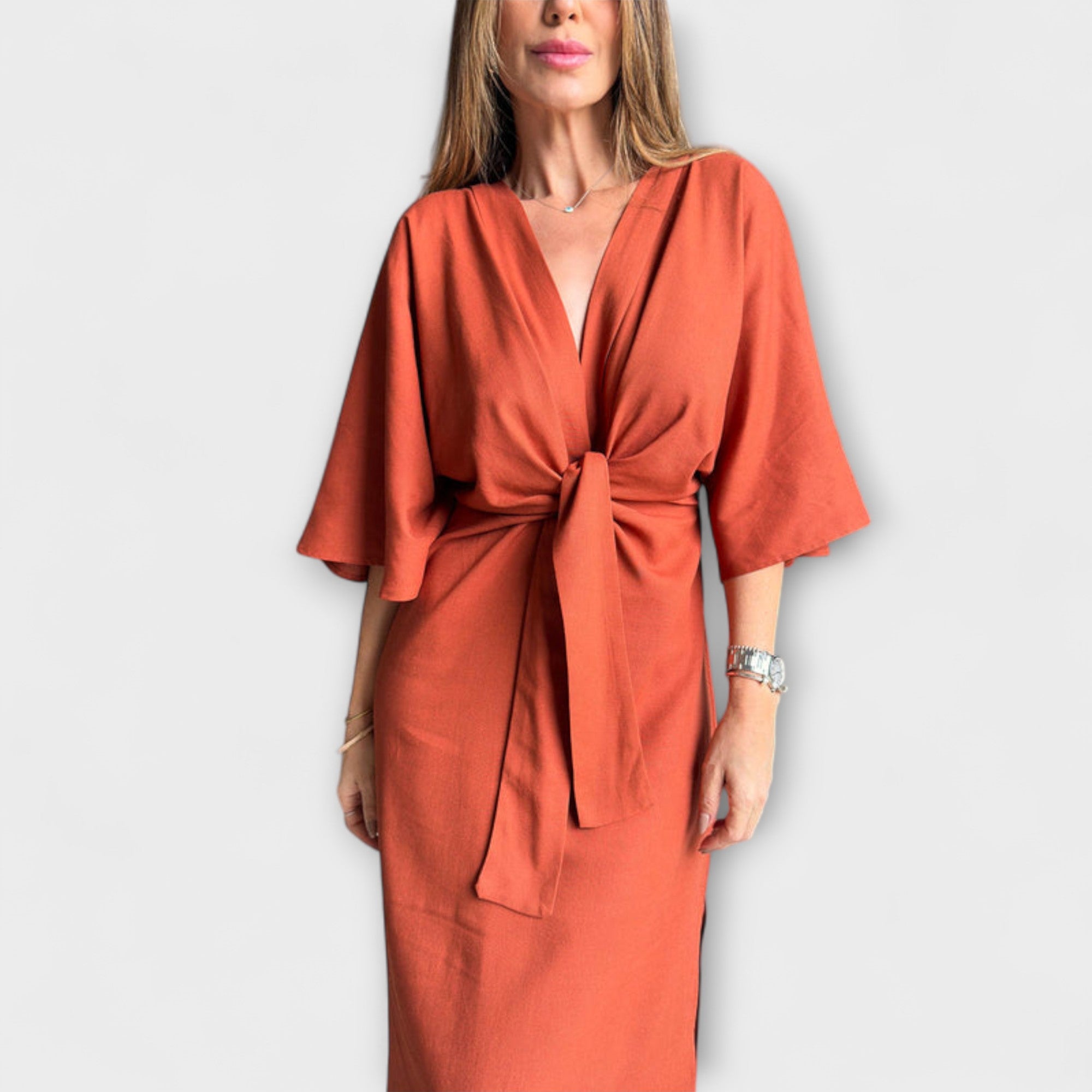 Holly - Robe décontractée col en V en coton-lin avec lien à nouer