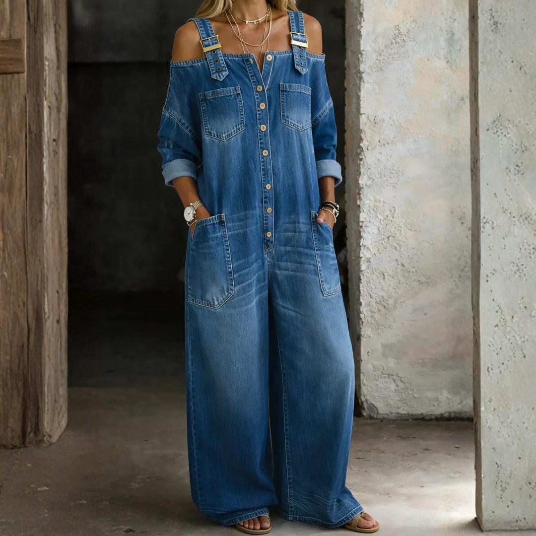 Isla - Combinaison en denim épaules dénudées