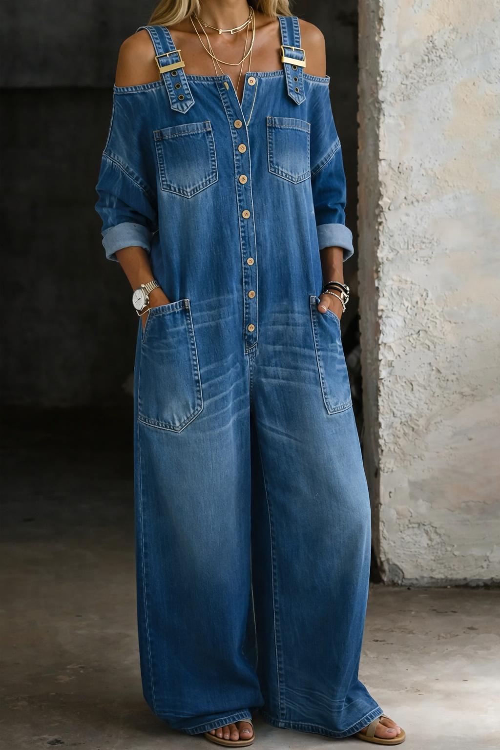 Isla - Combinaison en denim épaules dénudées