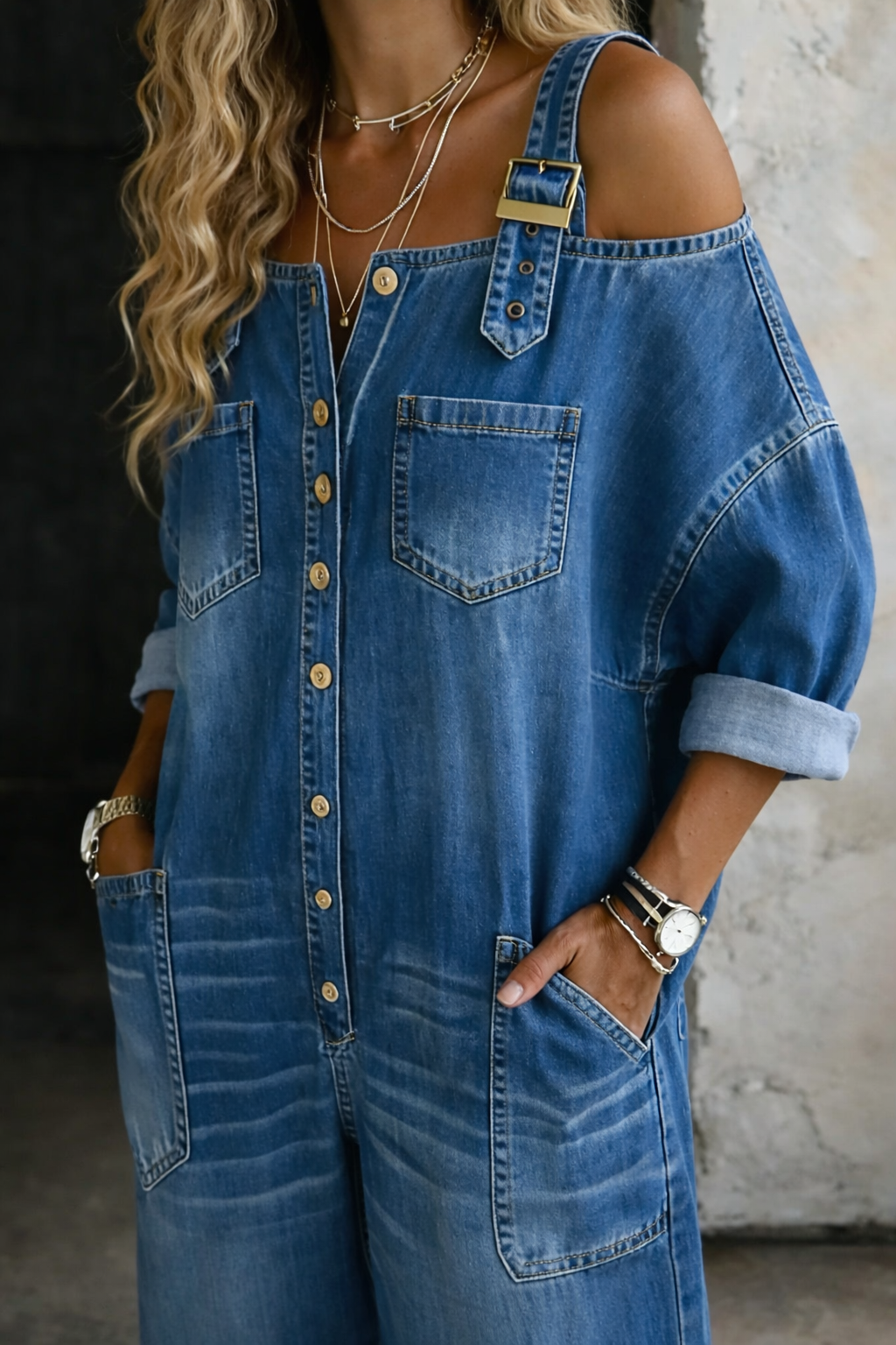 Isla - Combinaison en denim épaules dénudées