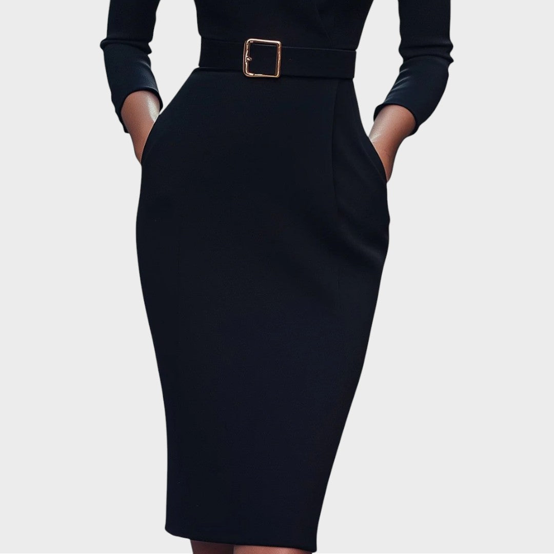 Jana | Robe droite noire élégante avec ceinture