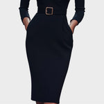 Jana | Robe droite noire élégante avec ceinture
