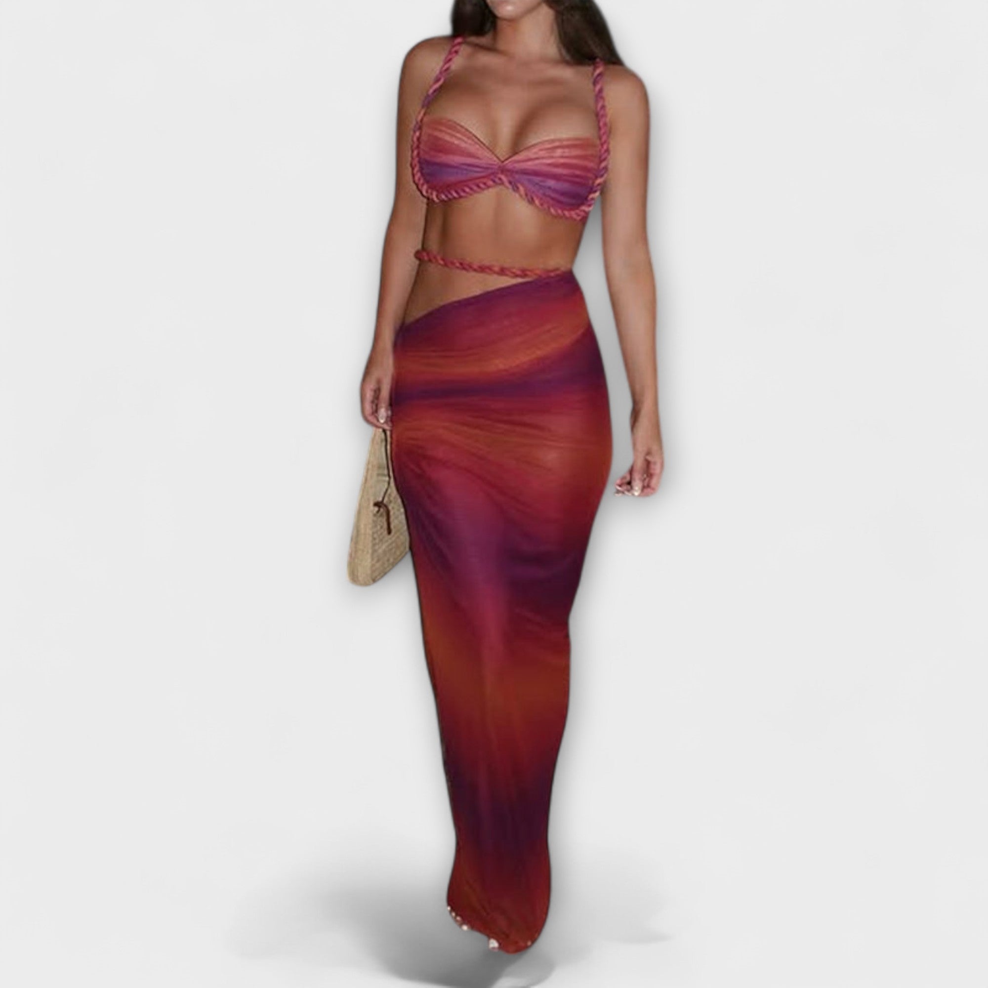 Jane - Ensemble crop top tressé dégradé et jupe superposée