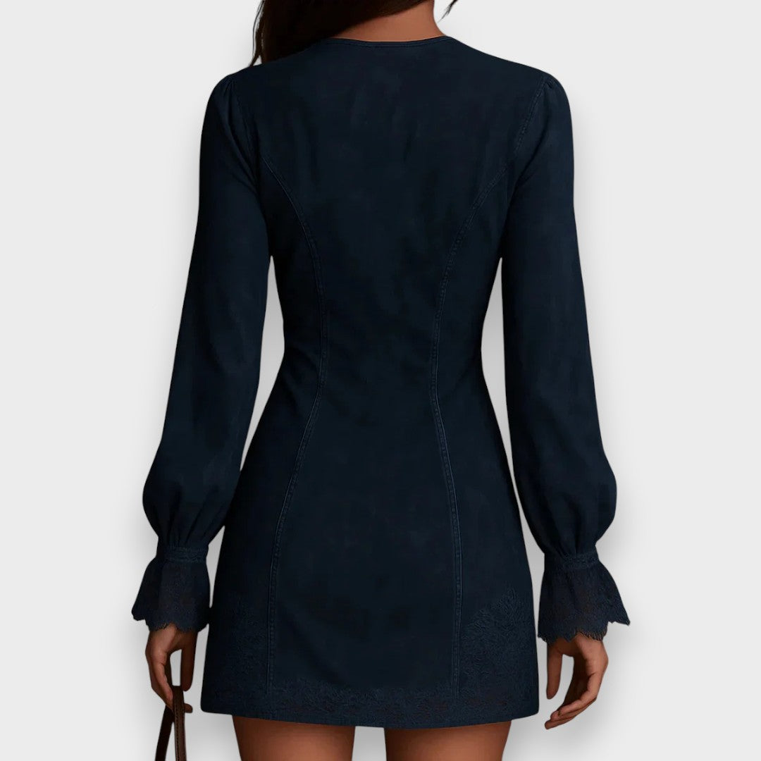 Jane | Robe courte en suédine bleue avec dentelle