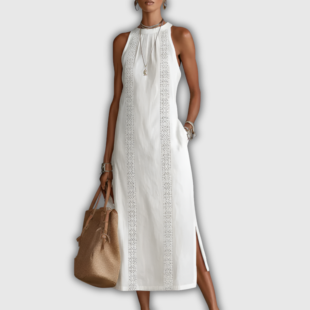 Jimena | Robe midi en coton et lin à col mao