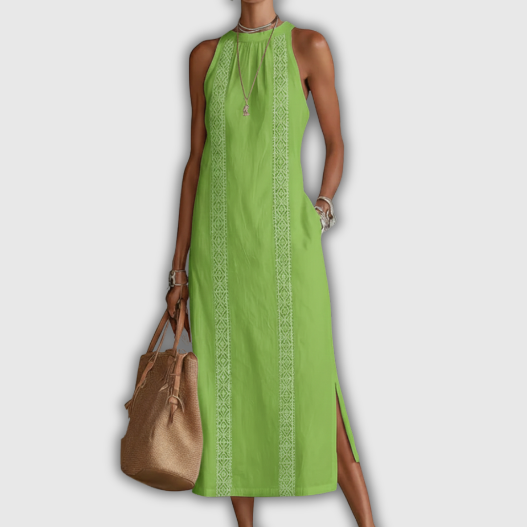 Jimena | Robe midi en coton et lin à col mao
