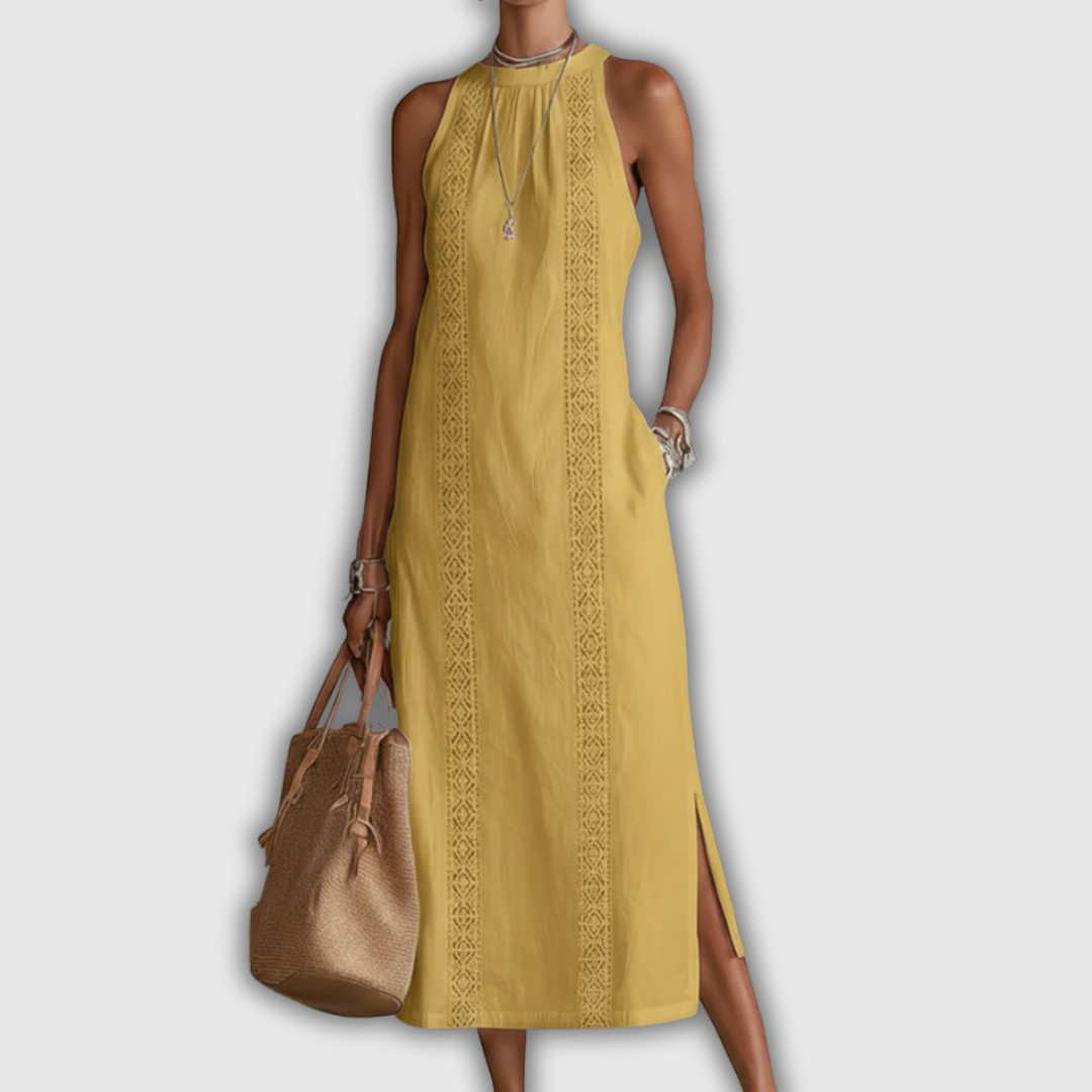 Jimena | Robe midi en coton et lin à col mao