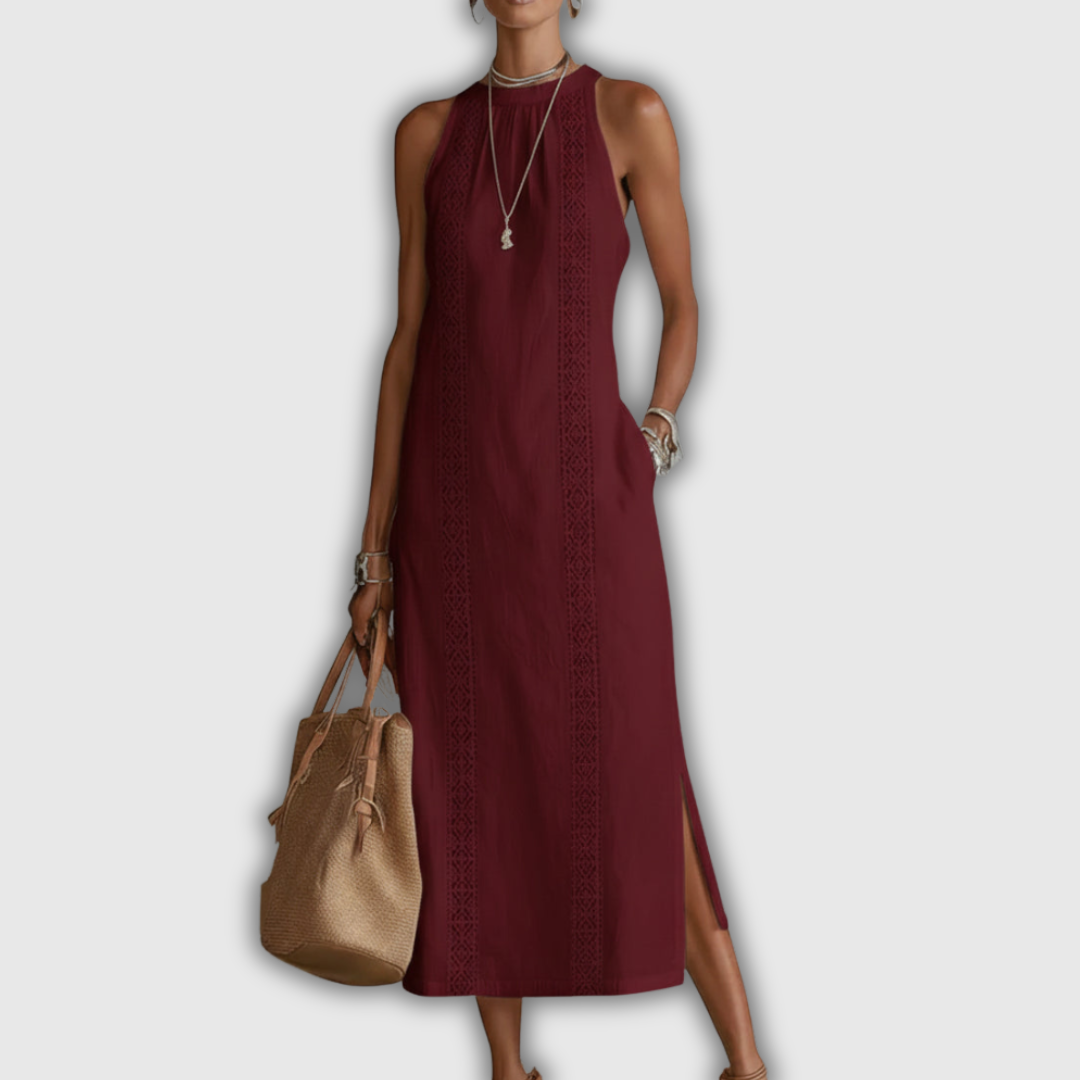 Jimena | Robe midi en coton et lin à col mao