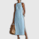 Jimena | Robe midi en coton et lin à col mao